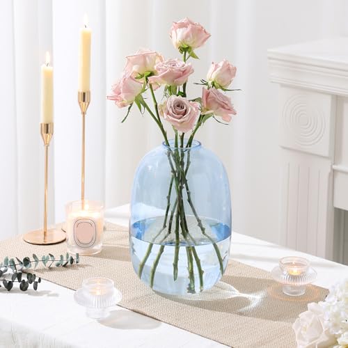 Blue Glass Vase, Large Glass Vase for Flowers, Tall Flower Vases, Modern Round Vases for Living Room, Bedroom, Kitchen, Mantle, Shelf, Wedding, Office, Entryway, 10 Inches - color: Blue