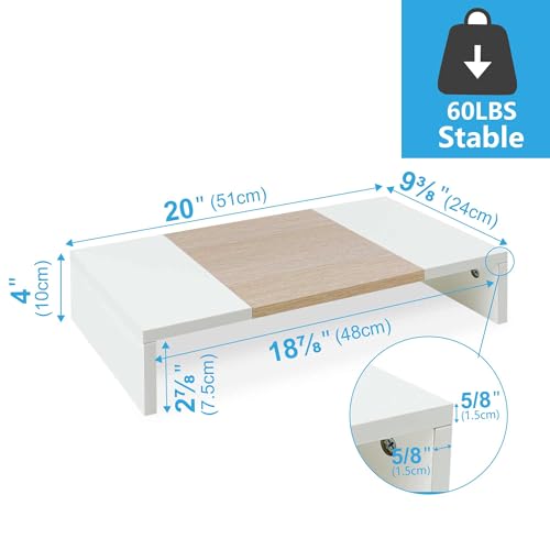 TEAMIX 20 Inch Monitor Stand Riser, Wooden Desktop Riser for TV/PC/Laptop/Printer, Cozy Monitor Riser with Storage, Laptop Shelf for Home Office - color: White+Maple, size: 20 inch