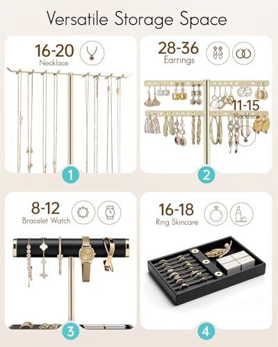 VLANDO 3 Tier Jewelry Stand Organizer with Tary, Leather Jewelry Holder Display for Women, Gold Jewlery Holder Display for Necklace, Earring, Bracelet, Rings - Black - color: C.Black, size: 3-Layer