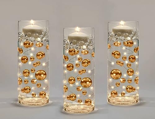 300 Floating Gold Pearls- Large Sizes- Fills 4 Gallons for Your Vases - color: Gold, size: 4 Pks