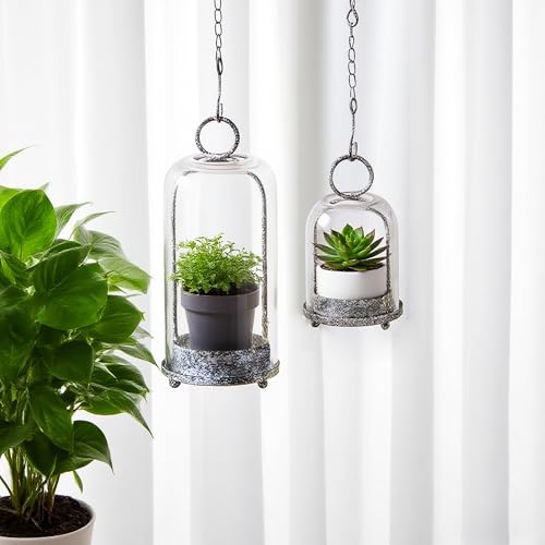6" & 4" Wide Versatile Modern Metal Hurricane Lantern with Handmade Sturdy Glass Dome in Shabby Black for Pillar Candle & Plants, Industrial, Farmhouse, Shabby Chic (Black Shabby, 4"x7.5" &6.3"x11.2") - color: Black Shabby, size: 4"x7.5" & 6.3"x11.2"