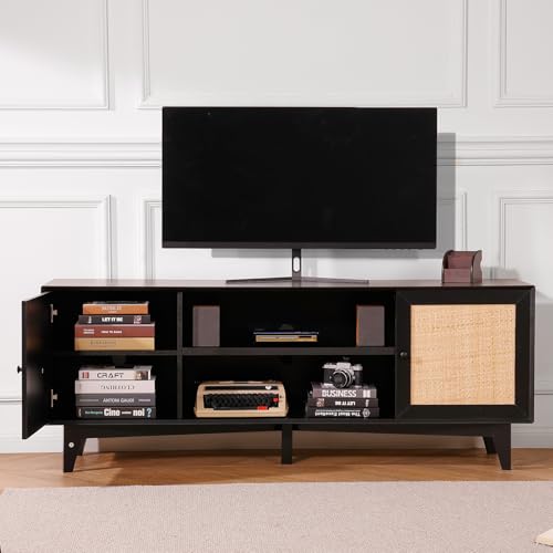 VEVOR Rattan TV Stand for 75in TV, Boho TV Stand with Rattan Door, Entertainment Center with Build-in Socket, Storage Cabinet with 2 Shelves, Modern TV Console for Living Room, Media Room, Black - color: Black, size: for 75" TVs
