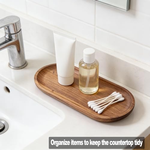 Small Wooden Tray, Oval Wood Serving Trays, Acacia Wood Platter for Coffee Tables, Dessert, Snack, Fruit, Bathroom Tray Charcuterie Board for Home Decor (M) - size: 9.1" x 4.1" x 0.6"