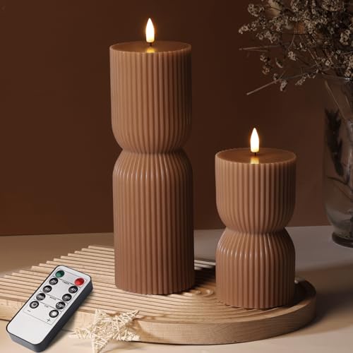 Warm Brown Ribbed Flameless Pillar Candles with Remote, Real Wax Flickering Battery LED Candles Christmas Decor Gift Set of 2 - color: Amber Brown