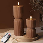 Warm Brown Ribbed Flameless Pillar Candles with Remote, Real Wax Flickering Battery LED Candles Christmas Decor Gift Set of 2 - color: Amber Brown