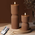 Warm Brown Ribbed Flameless Pillar Candles with Remote, Real Wax Flickering Battery LED Candles Christmas Decor Gift Set of 2 - color: Amber Brown