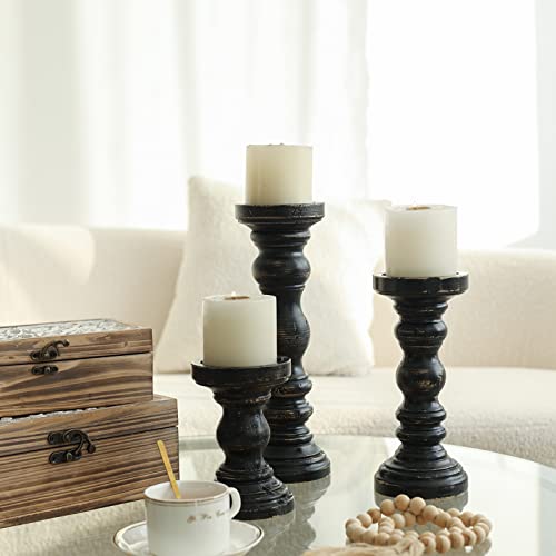 SWALLOWLIVING Rustic Farmhouse Wood Pillar Candle Holder Set of 3 for Candlestick, Black - color: Black