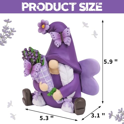 Lavender Gnome Spring Summer Decor, Fairy Garden Purple Gnome with Butterfly & Lavender Bouquet, Gnome Gifts for Women Retirement Birthday Home Office Tabletop Tiered Tray Decor - color: Purple