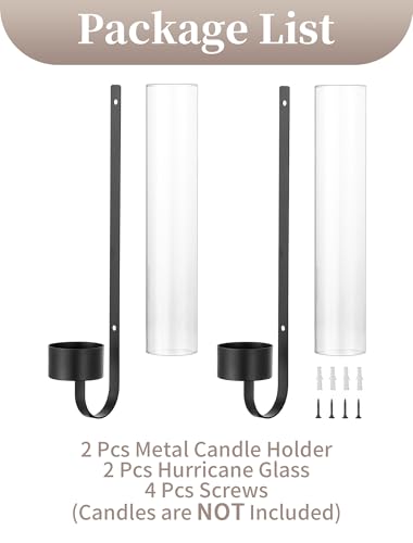 Sziqiqi Black Wall Candle Holders: Metal Candle Sconces for Taper Set of 2 Modern Wall Mounted Candlestick Holder with Hurricane Glass for Living Dining Room Bedroom Bathroom Outdoor