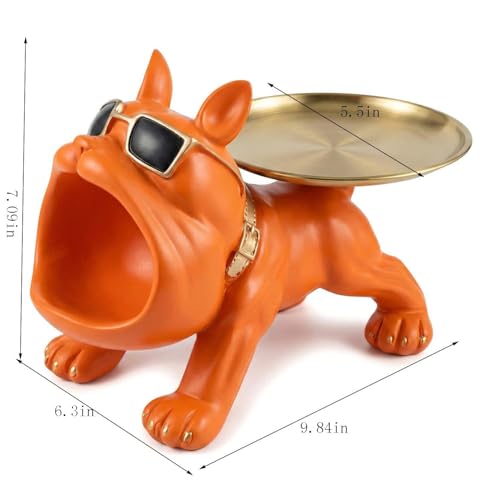 French Bulldog Tray Sculpture – Multifunctional key tray and candy bowl, resin bulldog statue, suitable for entryway tables, office desks, living room use, home decor gift. (orange)