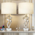 Scenekoy Sculptural Resin Table Lamp Set of 2 with USB Ports for Bedroom Living Room, 26” Antique Silver Leaf Dual Pull Chains Bedside Lamps, Nightstand Lamp for Home Room Decor (Bulbs Included) - size: 26 inches Silver Leaf -028-SL