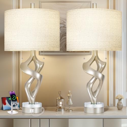 Scenekoy Sculptural Resin Table Lamp Set of 2 with USB Ports for Bedroom Living Room, 26” Antique Silver Leaf Dual Pull Chains Bedside Lamps, Nightstand Lamp for Home Room Decor (Bulbs Included) - size: 26 inches Silver Leaf -028-SL