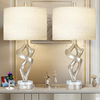 Scenekoy Sculptural Resin Table Lamp Set of 2 with USB Ports for Bedroom Living Room, 26” Antique Silver Leaf Dual Pull Chains Bedside Lamps, Nightstand Lamp for Home Room Decor (Bulbs Included) - size: 26 inches Silver Leaf -028-SL
