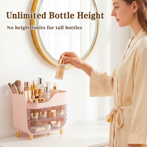 Makeup Organizer for Vanity with Large Smooth Drawers Extra Large Skincare Organizer for Bathroom Countertop and Dresser, Crystal Clear Cosmetic Storage Display Case for Beauty Products - color: Pink