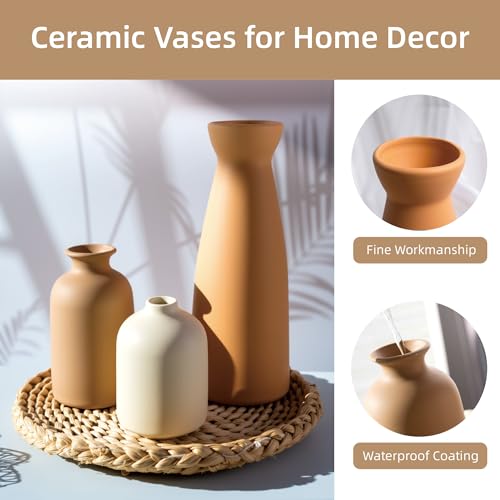 Ceramic Small Vase Set of 3,Modern Boho Farmhouse Home Decor,Pampas Grass Vase,Minimalist Decor,for Entryway Table,Bookshelf,Living Room, Bedroom,Kitchen,Coffee Table Decoration - color: Coffee Mix