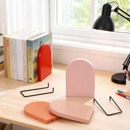 Honoson 4 Pcs Boho Wood Bookends Back to School Sage Green Wooden Book Stands Decorative Non Skid Book Stoppers for Books Cds Videos Albums Office Desktop Shelves (Orange) - color: Orange