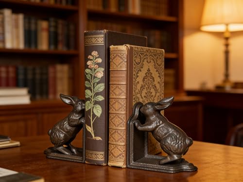 2 PCS Rabbit Decorative Bookend Set Cast Iron Vintage Heavy Duty Book Ends for Shelves for Home Bunny Bookends (Iron Brown Rabbit) - color: Iron Brown Rabbit