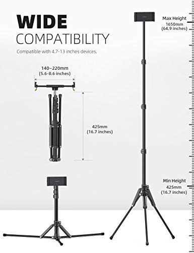 Lamicall Tablet Floor Tripod Stand - 64.9" Tablet Holder Mount with Adjustable Height for Stream/Watching with Bluetooth Remote, Gifts for iPad Pro 12.9/11" Mini, Air, iPhone, 4.7-13" Devices