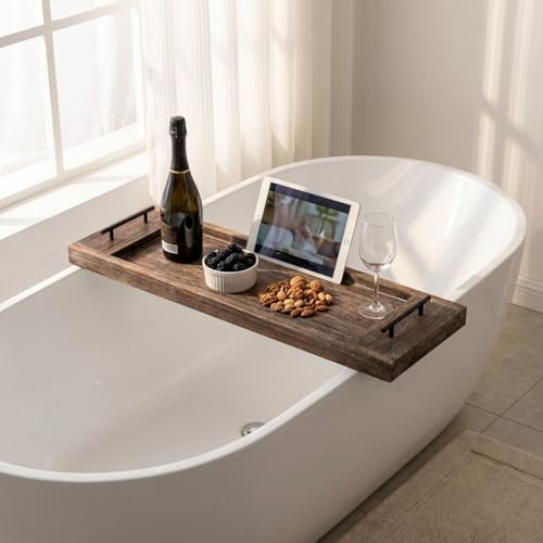 Hanobe Bathtub Tray Bath Caddy: Wood Tub Trays Table Extra Large Rustic Bathtub Shelf Across Tub Wooden Serving Tray with Handles for Bathroom, 31"