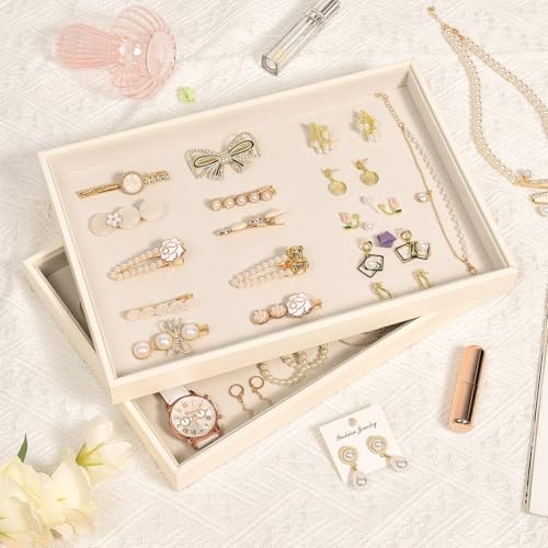 Beige Velvet Jewelry Tray for Drawers Black Jewelrys Display Tray Stackable Jewelry Organizer Trays for Necklace Bracelet Ring Watch (2 Pack) - color: Beige