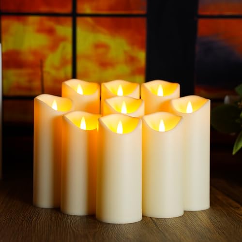 kakoya Flickering Flameless Candles, Battery Operated Acrylic LED Pillar Candles with Remote Control and Timer,Set of 9 (Ivory) - color: Ivory-9