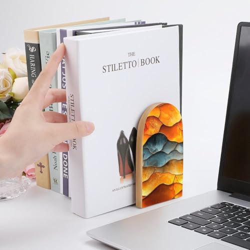 Abstract Tortoise Shell Pattern Wooden Bookends Shelves 2 PCS Stained Glass Sturdy Book Holders Desktop Organizer for Home Office Libraries - color: Color-1
