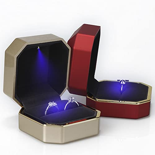 Luxury Ring Box, Square Velvet Wedding Ring Case Jewelry Gift Box with LED Light for Proposal Engagement Wedding, Gold - color: Gold, size: Ring Box