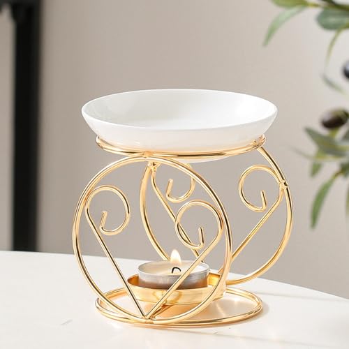 Qianly Essential Oil Burner Melt Warmer Decorative Scented Desktop Furnace Tealight Holder for Indoor Home Meditation Decor, Gold - color: Gold&white(a)