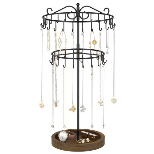 iDavosic.ly 2 Tier Rotating Necklace Holder Organizer with Wooden Jewelry Tray, Adjustable Metal Bracelet Display Stand with 42 Hooks, Extra Tall Keychain Spinning Tree Tower for Women, Black - color: Black with Wooden Tray