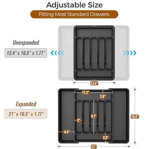 ukeetap Extra Large Expandable Silverware Organizer, BPA-Free Food-Safe Cutlery Flatware Organizer, Kitchen Utensil Drawer Organizer, Adjustable Silverware Holder for Spoons Forks Knives, Black - color: Black