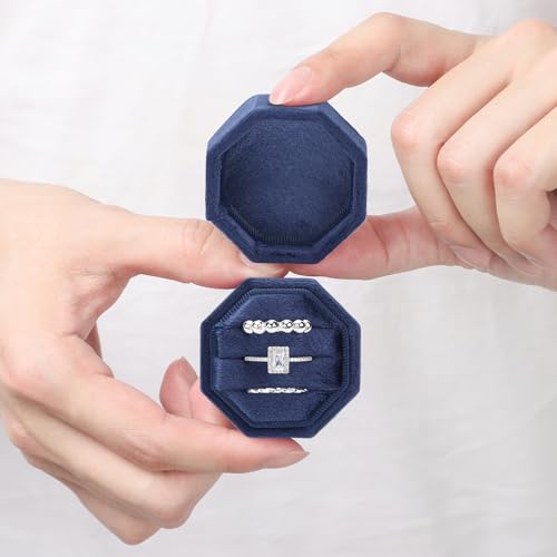 WantGor Velvet Ring Box, 3 Slots Jewelry Ring Gift Box Vintage Ring Display Holder Case for Wedding Ceremony Proposal Engagement (Navy Blue) - color: Navy Blue