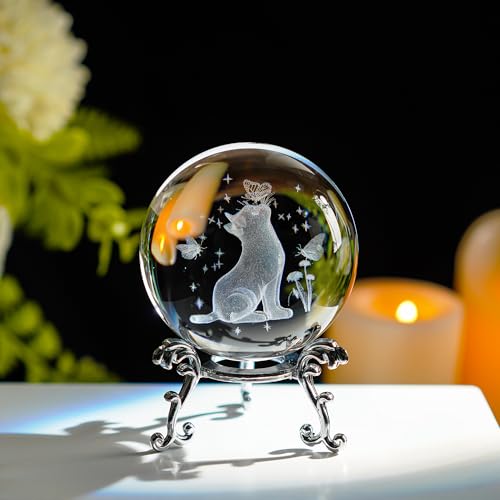 3D Glass Cat Crystal Ball with Stand 60mm Decorative Cats Figurine Paperweight Crystal Sphere Home Officce Table Decor Gifts for Cat Lovers - color: Cat