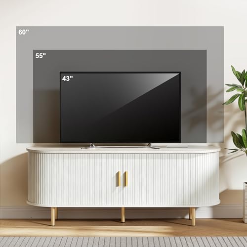DHH 55 Inch Mid Century Modern TV Stand with Power Outlet for TVs up to 60 Inch, Entertainment Center with Storage and Adjustable Shelves, Media Console with Sliding Doors for Living Room(White) - color: White, size: 55 Inch