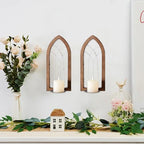 SOFE Farmhouse Wall Candle Holder, Rustic Candle Sconces Set of Two Arch Cathedral Window Decor, Wall Mounted Pillar Candle Holders for Living Room, Bedroom, Hallway, Brown