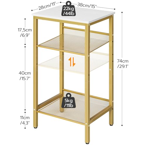 HOOBRO Tall Side Table, 3-Tier Telephone End Table with Adjustable Mesh Shelves, Small Entryway Table with Storage, Small Nightstand for Living Room, Bedroom, Hallway, White and Gold DW01DH01G1 - color: White + Gold