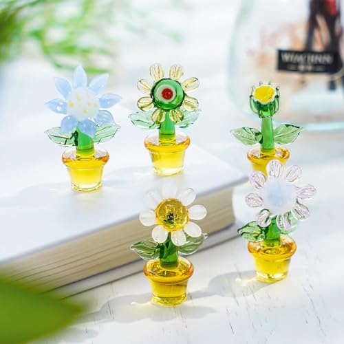 H&D HYALINE & DORA 5pcs Handcraft Glass Blown Flowers Plants Figurines Mini Glass Art Flowers Collectibles Home Office Tabletop Garden Simulation Plants Decor Car Inner Ornaments - color: Flowers Plants