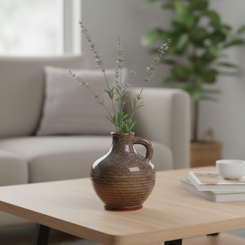 Sunddo Brown Ceramic Vase 6 Inch - Small Rustic Decorative Vase with 1 Handle, Rustic Farmhouse Decor, Bedroom, Bathroom, Bookshelf, Mantel, Coffee Table Decor - color: Rust - 6, size: 6 Inch