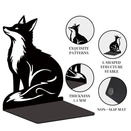 Black Fox Metal Bookends for Shelves, Exquisite Fox Bookshelf Decor Book Ends for Heavy Books, Home School Office Desk Decoration, Book Stopper for Study and Birthday Gift - style: Fox