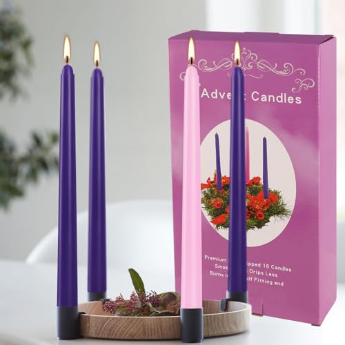 YOROXRG 16 Pack Advent Taper Candles Premium Hand Dipped 10in Unscented Christmas Taper Candles - Ideal for Seasonal Celebrations, Holidays, Church, Celebration, Party - color: Purple/Pink-Advent 16