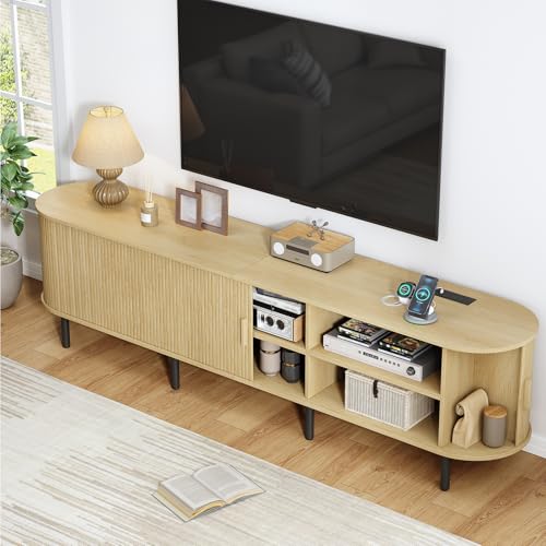 86.6" TV Stand with Power Outlet, Mid-Century Modern Television Stand, Fluted Media Console with Sliding Doors, Entertainment Center for TVs up to 90 Inch, Adjustable Shelves, Oak - color: Oak, size: 86.6 Inch