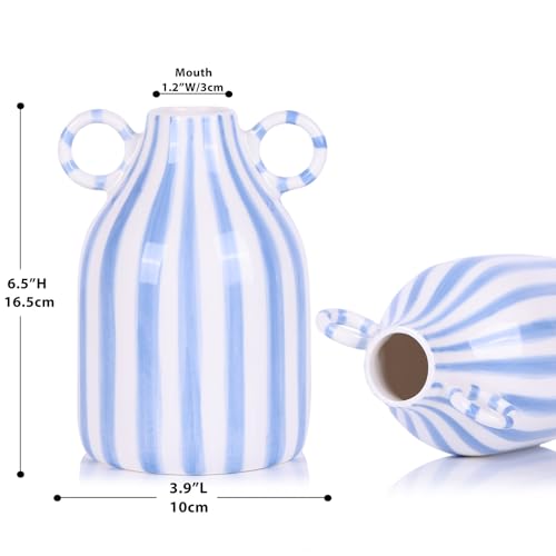 Ceramic Blue and White Striped Vase with Handle, Modern Minimalist Coastal Decor Home for Centerpieces for Tables, Kitchen Office, Bookshelf, Bedroom Aesthetic Decor (A) - color: Blue White
