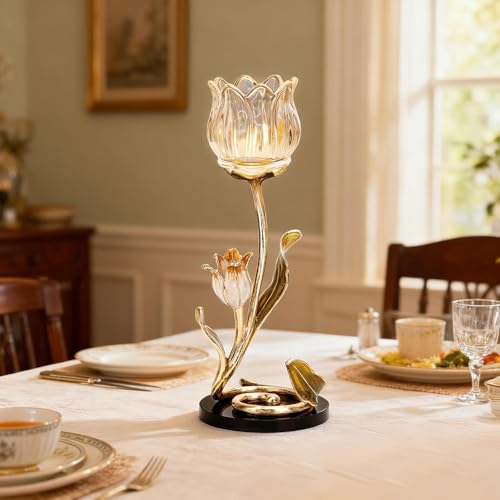 Luxury Crystal Base Glass Flower Candle Holder – Gold Plated Zinc Alloy with Enamel, Romantic Tea Light Holder, French Style Wedding Table Centerpiece, Home Decor