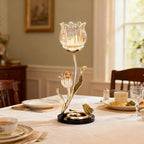 Luxury Crystal Base Glass Flower Candle Holder – Gold Plated Zinc Alloy with Enamel, Romantic Tea Light Holder, French Style Wedding Table Centerpiece, Home Decor