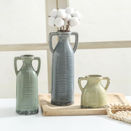 Ceramic Vases Set of 3, Neutral Rustic Farmhouse Vase with Handle, Decorative Flower Vases Home Decor Modern Boho Pampass Vase for Table Mantel Entryway Shelf Living Room Kitchen Bathroom - Multicolor - color: 105-1
