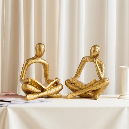 XINXUAN Resin Abstract Sculpture, Meditation and Reading Posture, Desk/Shelf Modern Home Decor Decoration, Art Statue (Think - Gold Foil Color) (2PCS-Gold Reading) - color: 2pcs-gold Reading