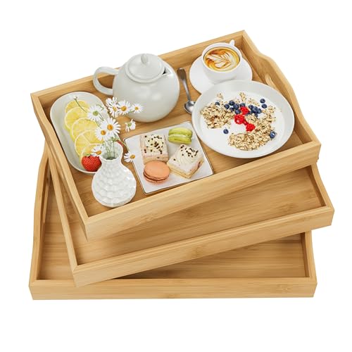 3 Pack Serving Tray with Handles, 3 Sizes Nestable Rectangular Tray Easy Carrying Serving Trays, Durable Bamboo Trays for Serving Food, Party, Kitchen, Organizing, Decorating
