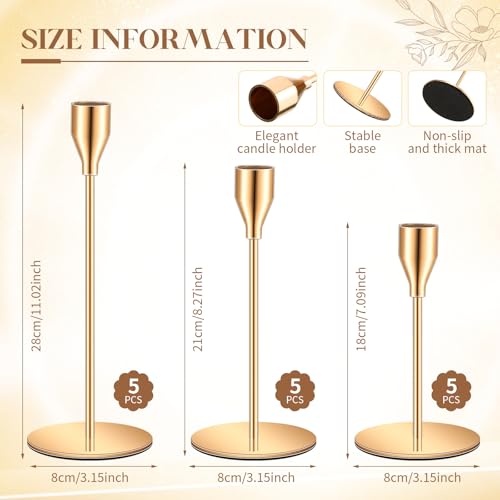 FillTouch 30 Pcs Gold Candlestick Holders with Flameless LED Candles Bulk Includes 15 Metal Candle Holders and 15 Battery Operated Gold Candles for Wedding Table Centerpieces Home Decor - color: Gold Holders, Gold Candles