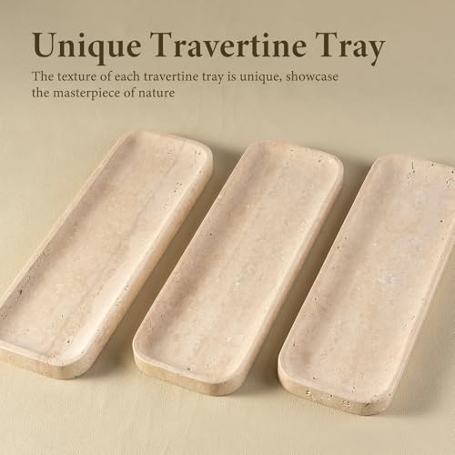 Koville Marble Tray, 12"x4" Marble Vanity Tray for Bathroom Kitchen Countertop Sink, Natural Stone Tray for Home Decor, Decorative Rectangular Narrow Catchall Tray for Jewelry Perfume - color: Travertino Romano, size: 12" x 4" x 0.7"