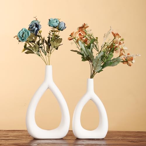 Ajuny Oval Vase Set of 2 – White Ceramic Decorative Vases, Farmhouse Style Modern Accent for Wall Decor, Bedroom, Living Room, Coffee Table, Office - style: Oval-Vase