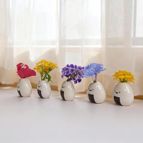 MOUGIGI 5 PCS Mini Flower Vase, Handmade Ceramic Rice Ball (Japanese Onigiri) Miniature Vases, Charming and Cute Design, Perfect for Dry Flowers - Bulk Bud Vases, Unique and Adorable Japanese Craft - color: 5 Pcs Rice Ball Vase